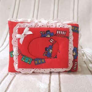 Vintage Red Train Print Fabric Photo Album with White Lace